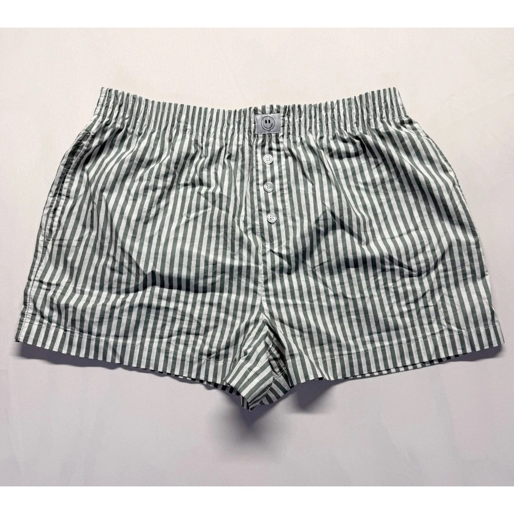 Happily Grey Sleep Shorts Womens Large Green‎ White Vertical Striped High Rise